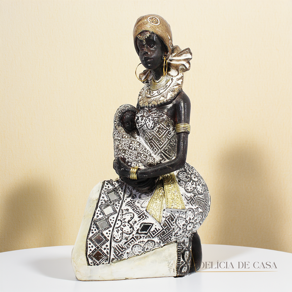 Estátua Decorativa Mãe Africana com Bebê Decoração para Casa 20 cm