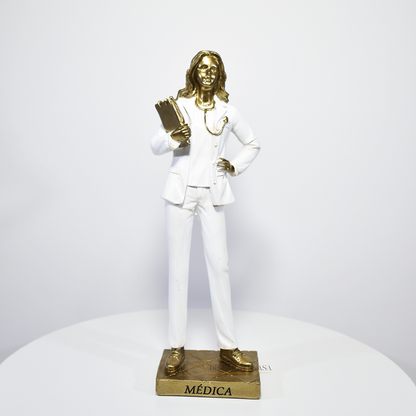 Estátua decorativa de médica em resina dourada e branca, ideal para presente e decoração de clínica médica ou consultório.