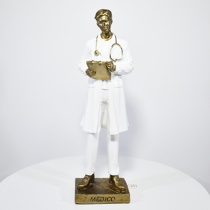 Estátua decorativa de médico em resina dourada e branca, ideal para presente e decoração de clínica médica ou consultório.