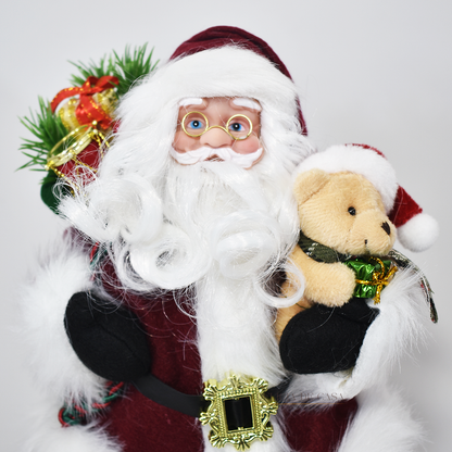 Papai Noel decorativo pequeno 30 cm com urso e presentes