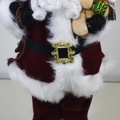 Papai Noel decorativo de pelúcia 40 cm segurando urso e presentes