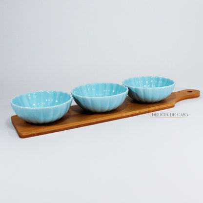 Tabua Petisqueira de Bambu com Potes de Porcelana azul 1