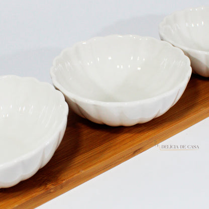 Tabua Petisqueira de Bambu com Potes de Porcelana branca 1