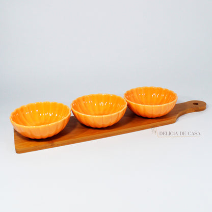 Tabua Petisqueira de Bambu com Potes de Porcelana laranja 3