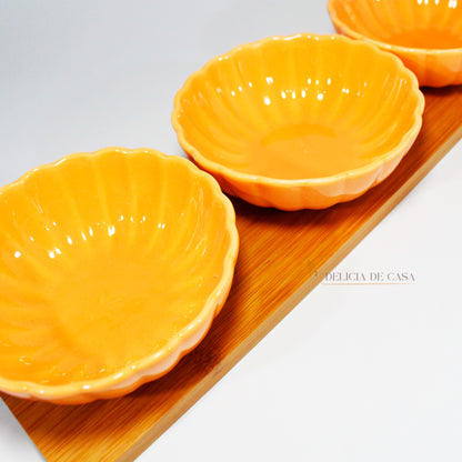 Tabua Petisqueira de Bambu com Potes de Porcelana laranja 2