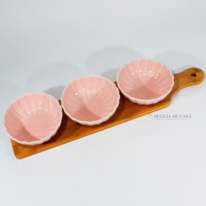 Tabua Petisqueira de Bambu com Potes de Porcelana rosa 1