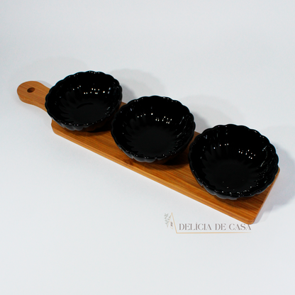 Tabua Petisqueira de Bambu com Potes de Porcelana preto 1